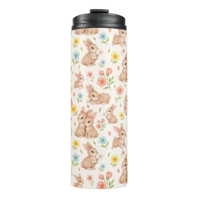 Garrafa Térmica Padrão de Coelhinhos e Flores Fofos (Frente)