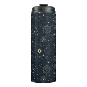 Garrafa Térmica Padrão de constelação de estrelas Dourada Azul da