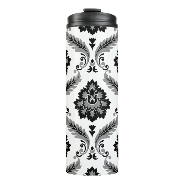 Garrafa Térmica Padrão de Damasco Rococó Cinza Preto Branco (Frente)