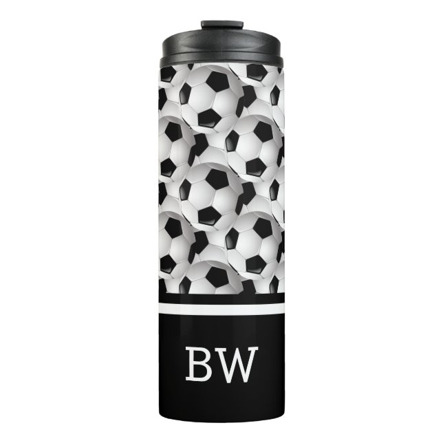 Garrafa Térmica Padrão de esfera de futebol branco preto monograma (Frente)