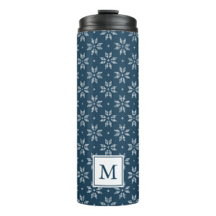 Garrafa Térmica Padrão de Floco de Neve Nórdico Azul Marinho e Bra