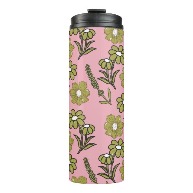 Garrafa Térmica Padrão de Flor de Hippie Funky Y2K Retro Rosa Verd (Frente)