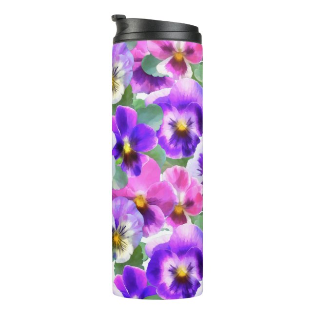 Garrafa Térmica Padrão de Flor de Pansy Violetas Coloridas (Rotação à direita)