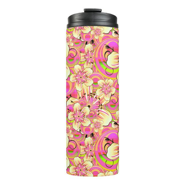 Garrafa Térmica padrão de flor rosa groovy (Frente)