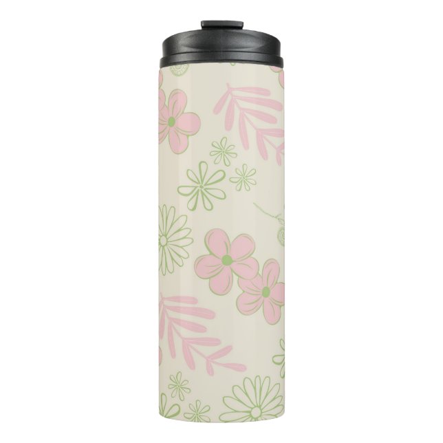 Garrafa Térmica Padrão de Flor Verde Rosa bege Retroativo Y2K 70s (Frente)