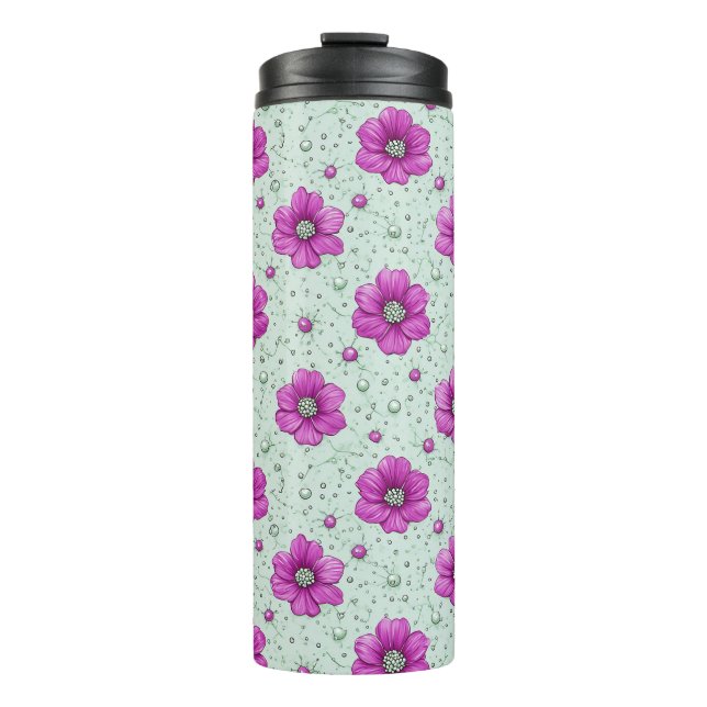 Garrafa Térmica Padrão de Flores Cor-de-Rosa com Gotículas (Frente)