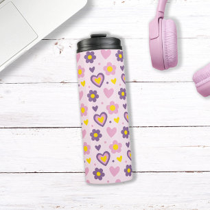 Garrafa Térmica Padrão de Flores Corações Retrô Rosa, Roxo, Amarel
