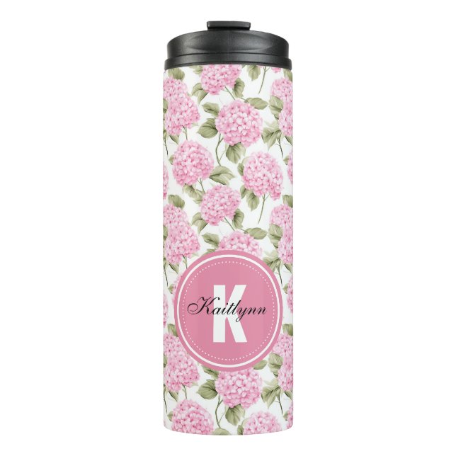 Garrafa Térmica Padrão de Flores de Hidrangea Rosa Elegante com Mo (Frente)