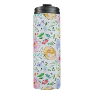 Garrafa Térmica Padrão de Flores e Botões em Aquarela Leve e Bonit