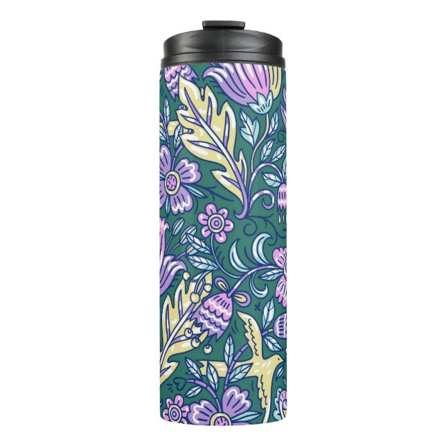 Garrafa Térmica Padrão de Flores e Pássaros em Estilo Antigo (Frente)