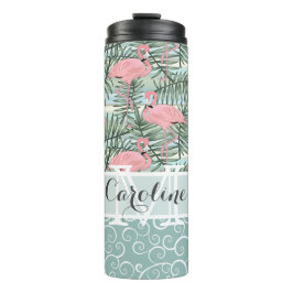 Garrafa Térmica Padrão de folhas de palmeira Flamingos Rosa Person