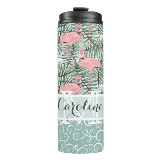 Garrafa Térmica Padrão de folhas de palmeira Flamingos Rosa Person (Frente)