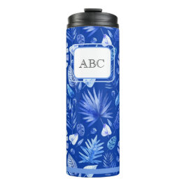Garrafa Térmica Padrão de Folhas Tropicais Azuis Monograma Cobalt