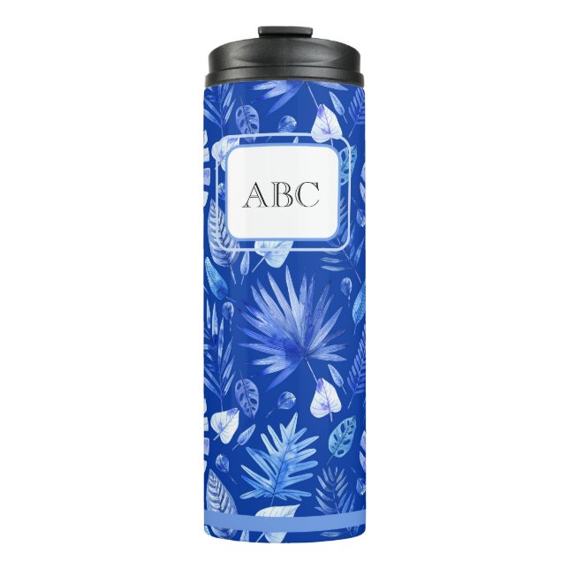 Garrafa Térmica Padrão de Folhas Tropicais Azuis Monograma Cobalt  (Frente)