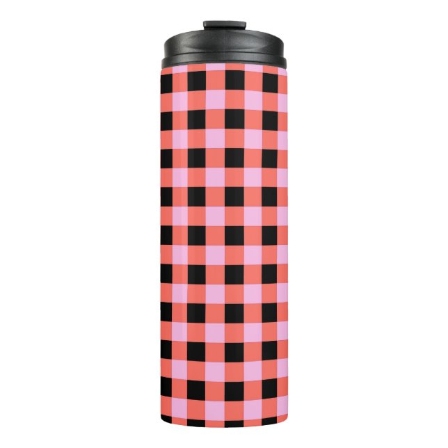 Garrafa Térmica Padrão de Gingham, com Verificação a Preto, Rosa (Frente)