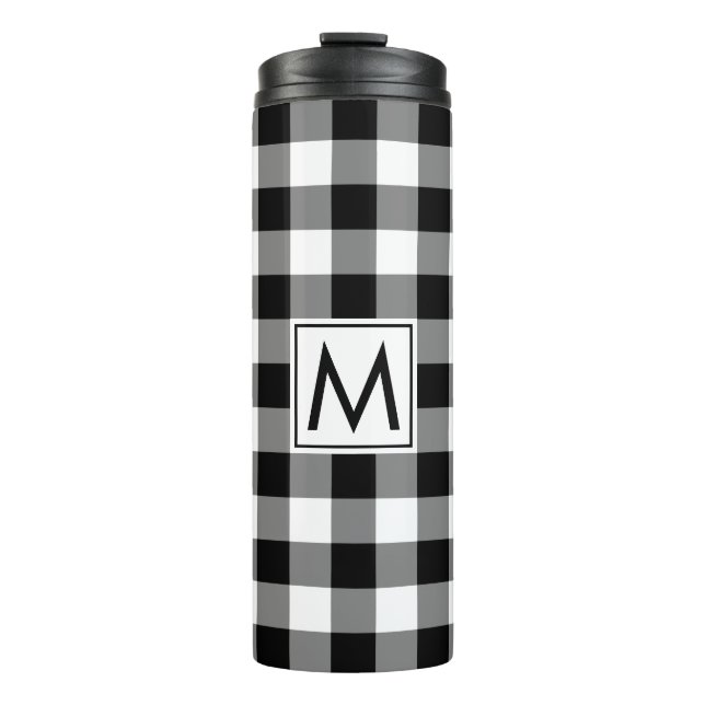 Garrafa Térmica Padrão de Gingham Preto e Branco com Monograma (Frente)