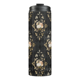 Garrafa Térmica Padrão de Harlequin Floral Dourado e Preto-Vintage