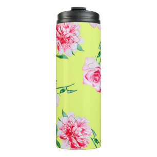 Garrafa Térmica Padrão de ilustração de aquarelas de rosas e Peoni