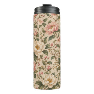 Garrafa Térmica Padrão de Jardim de Peônia e Rosa Romântico Vintag