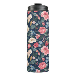 Garrafa Térmica Padrão de Jardim Floral Azul Naval Romântico