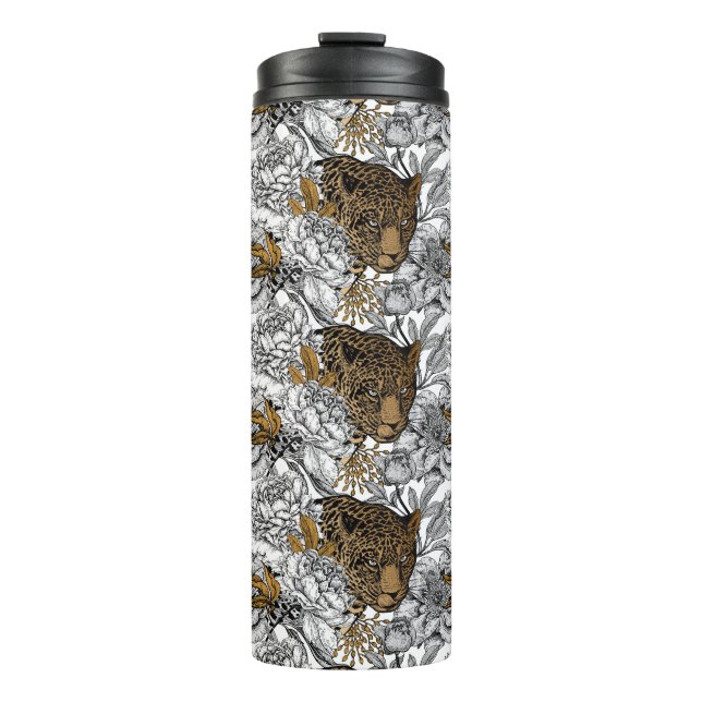 Garrafa Térmica Padrão de leopardo e peônias (Frente)
