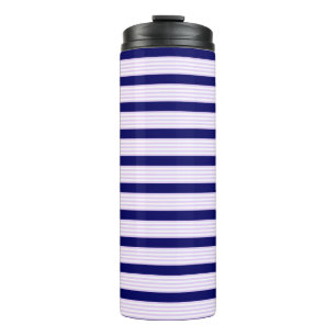 Garrafa Térmica Padrão de listras brancas e lilás com azul-marinho