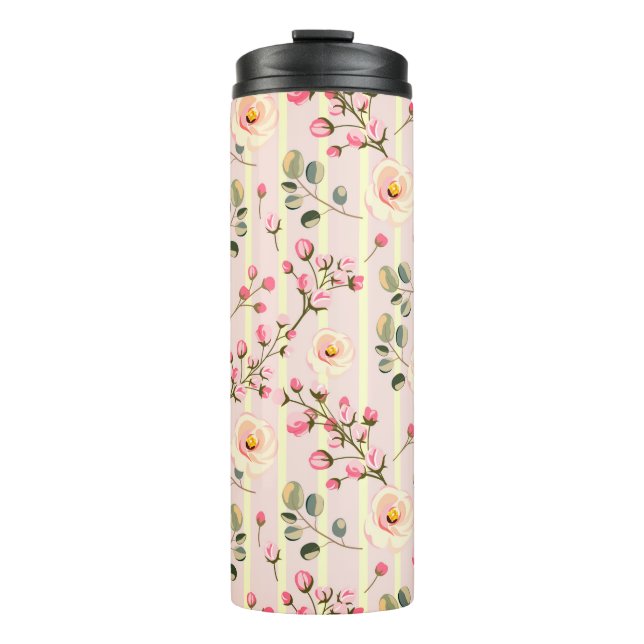 Garrafa Térmica Padrão de Listras Florais Rosa Suave (Frente)
