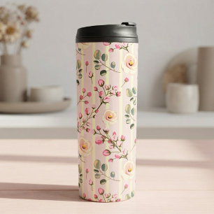 Garrafa Térmica Padrão de Listras Florais Rosa Suave