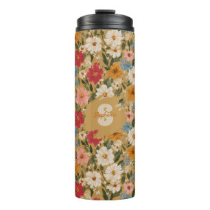 Garrafa Térmica Padrão de margarida colorida do Vintage - mostarda