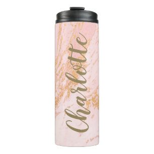 Garrafa Térmica Padrão de Mármore Rosa e Dourado Personalizado