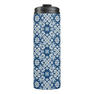 Garrafa Térmica Padrão de Ornamento Boho em Branco-Azul Vintage