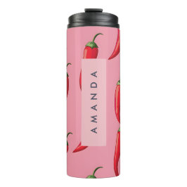 Garrafa Térmica Padrão de Pimenta Vermelha Picante em Fundo Rosa