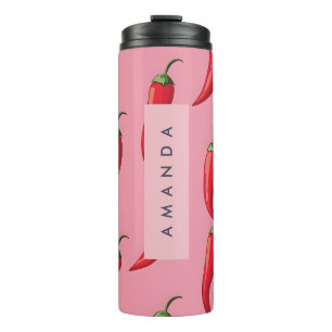Garrafa Térmica Padrão de Pimenta Vermelha Picante em Fundo Rosa