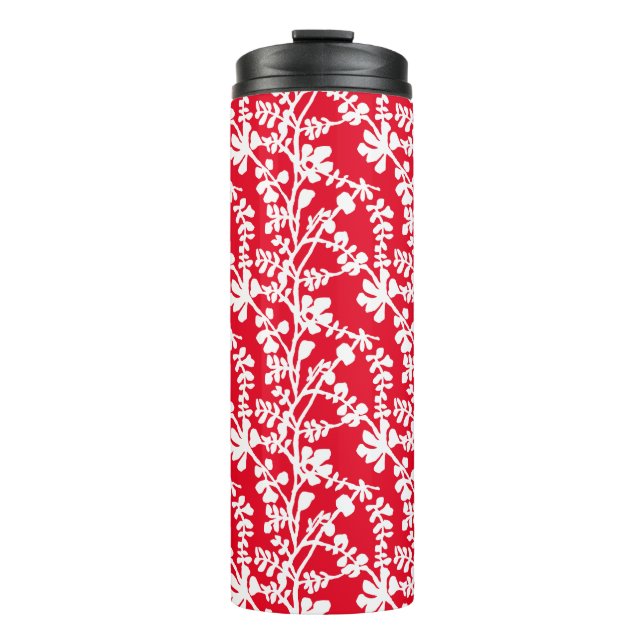 Garrafa Térmica Padrão De Repetição Floral Vermelho E Branco (Frente)