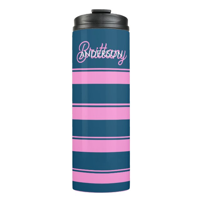 Garrafa Térmica Padrão de Stripes Azul e Rosa Personalizado (Frente)