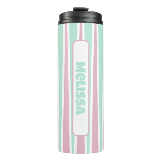 Garrafa Térmica Padrão de Triângulo Rosa Pastel e Hortelã com Nome (Frente)