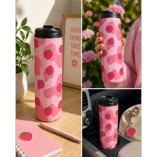 Garrafa Térmica Padrão de Vaca de Morango Cute Kawaii