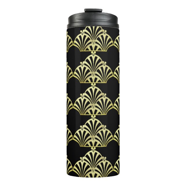 Garrafa Térmica Padrão de ventoinha Art deco ouro preto elegância (Frente)