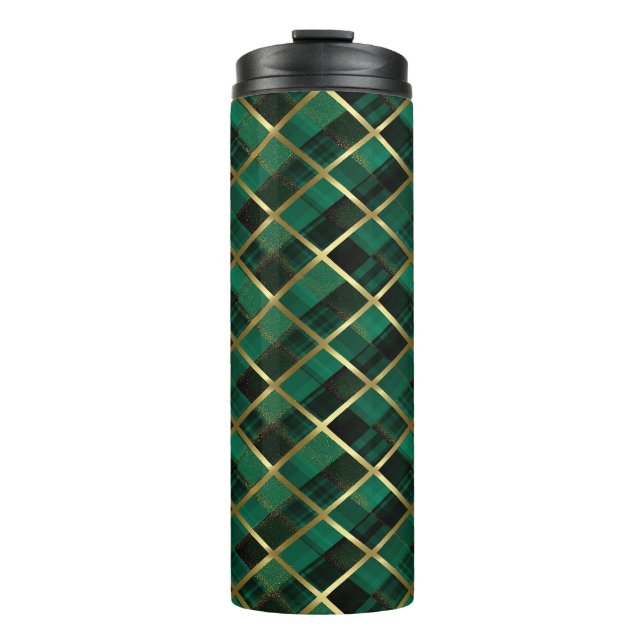 Garrafa Térmica Padrão De Xadrez Dourada E Verde De Natal (Frente)