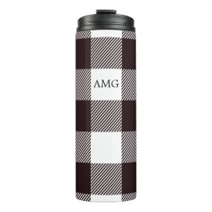 Garrafa Térmica Padrão de Xadrez Gingham Monograma Branco e Preto
