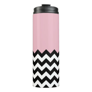 Garrafa Térmica Padrão de ziguezague preto e branco, Chevron, rosa