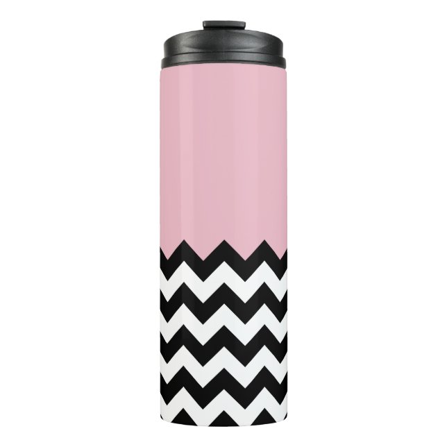 Garrafa Térmica Padrão de ziguezague preto e branco, Chevron, rosa (Frente)