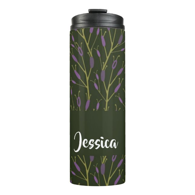 Garrafa Térmica Padrão dos ramos florais roxos e verdes (Frente)