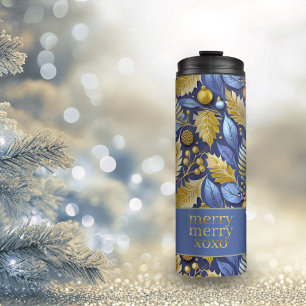 Garrafa Térmica Padrão Dourado de Feliz de Natal Azul nº 22 ID1009