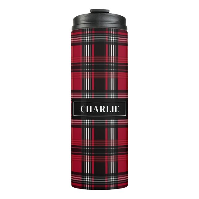 Garrafa Térmica Padrão E Nome Personalizado De Tartan Xadrez Verme (Frente)