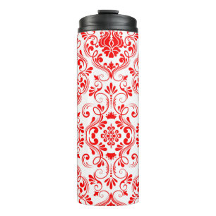 Garrafa Térmica Padrão Elegante Floral do Damasco Vermelho e Branc