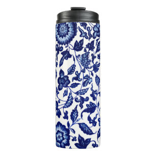 Garrafa Térmica Padrão floral azul-marinho chinês em branco