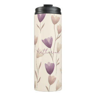 Garrafa Térmica Padrão Floral Bege e Roxo Personalizado