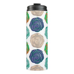Garrafa Térmica Padrão floral bege, verde e violeta sem costura.