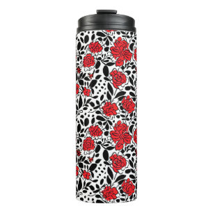 Garrafa Térmica Padrão Floral bonito em Vermelho, Preto e Branco